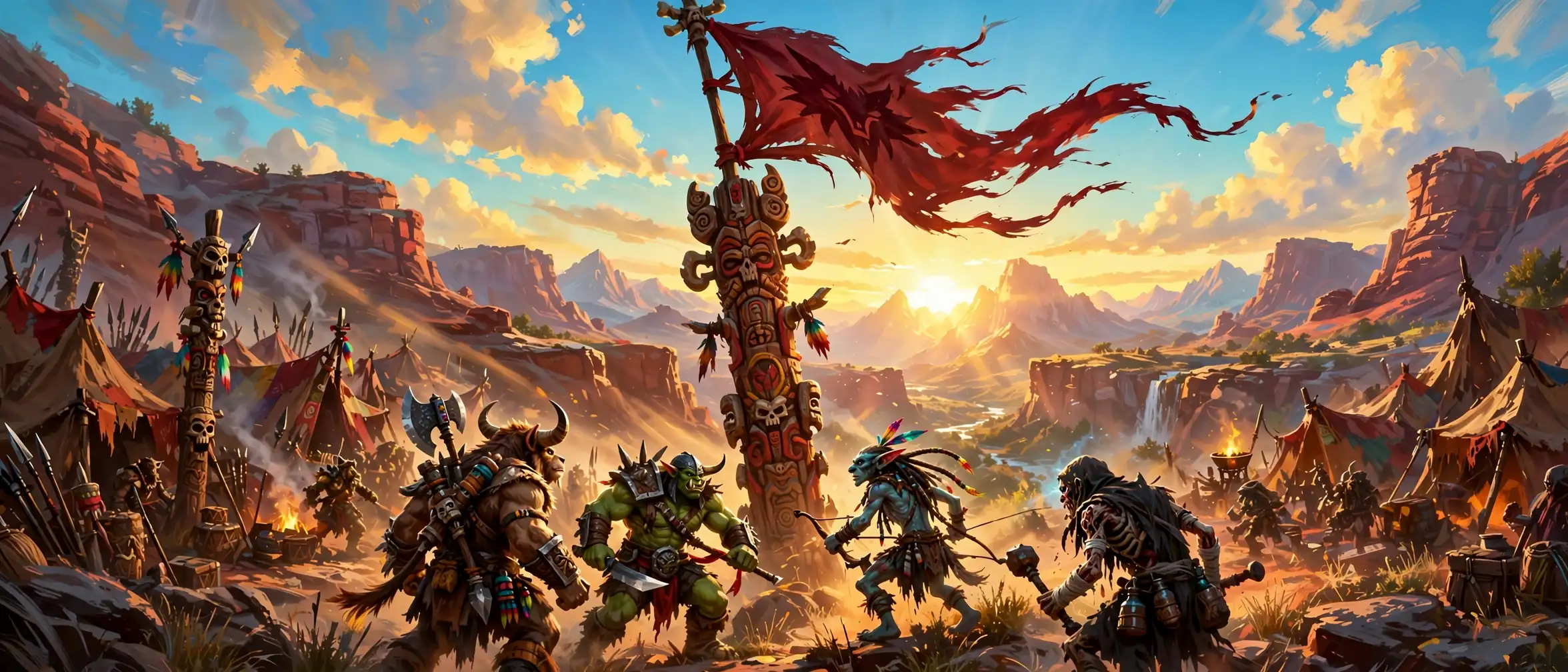 A tattered crimson banner raised over the war camp at dawn, peaks behind