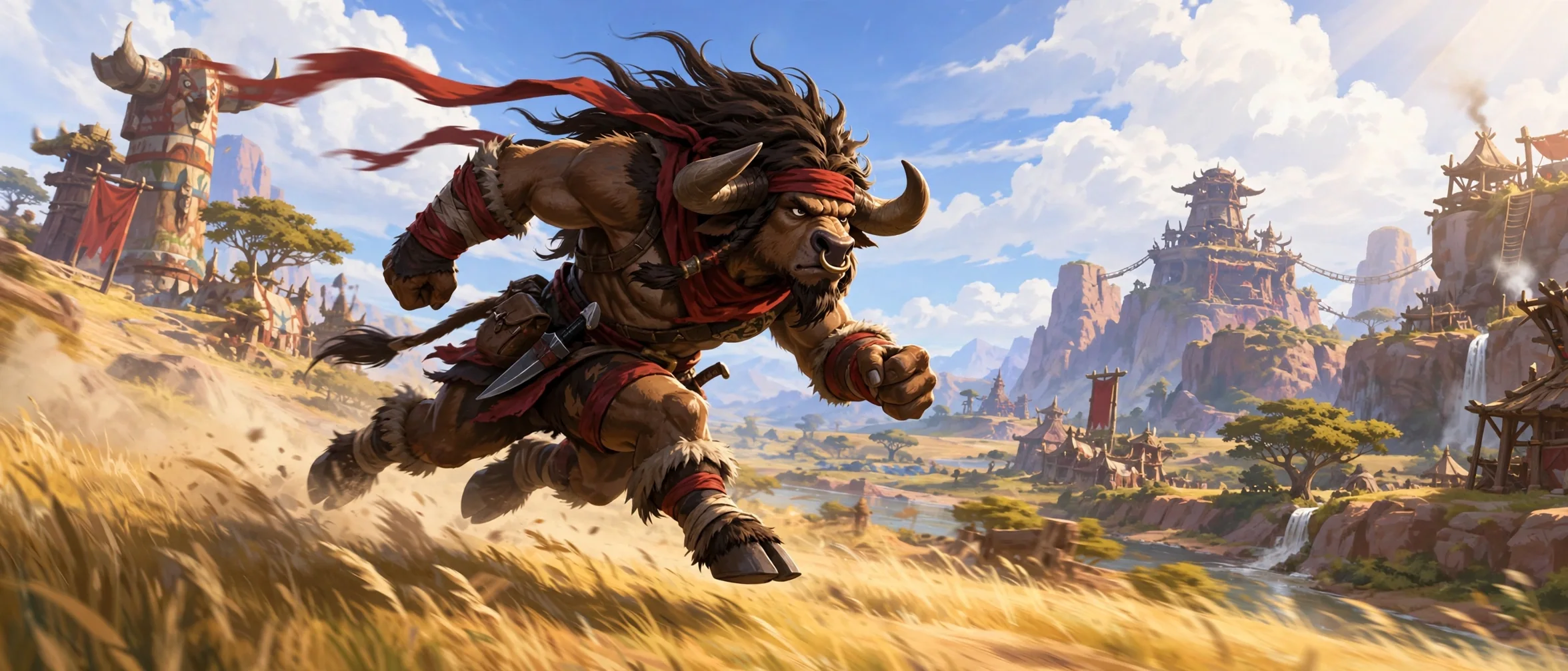 A Tauren scout sprinting across the golden plains below Thunder Bluff, red scarf streaming in the wind