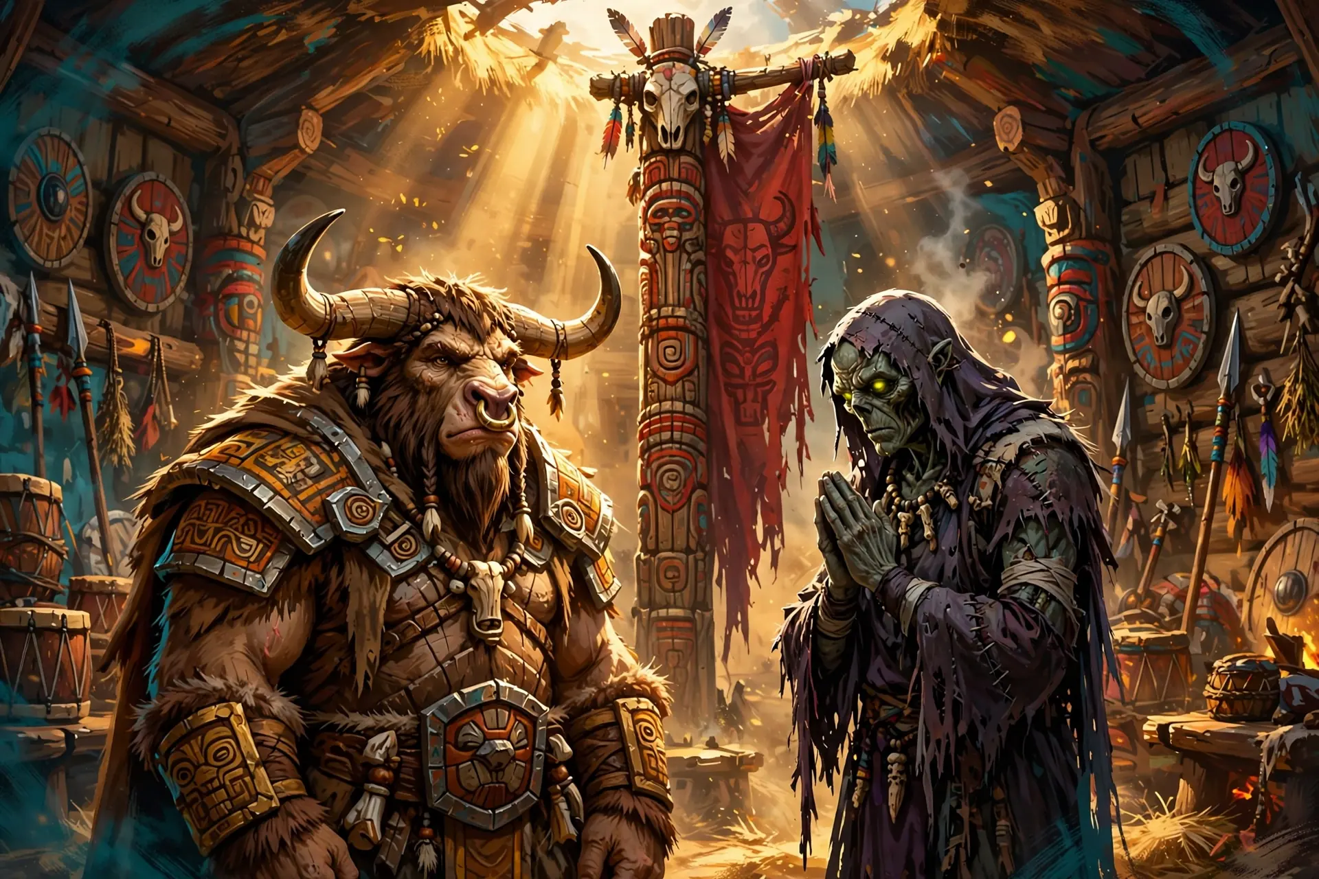 A Tauren warrior and an Undead priest keeping vigil before the old banner in the sunlit guild hall