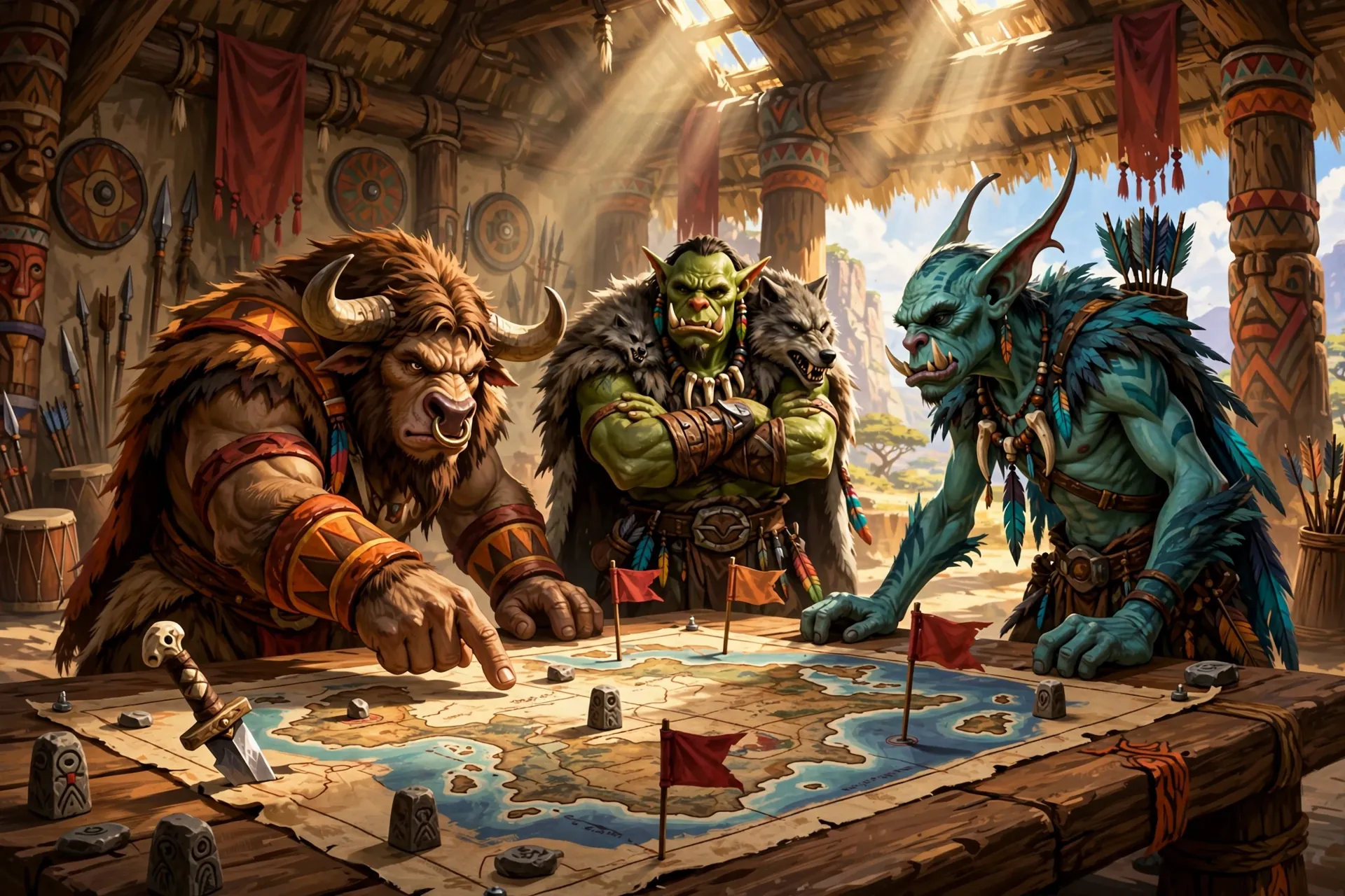 Officers around a war table with a hide map and markers in a sunlit hall