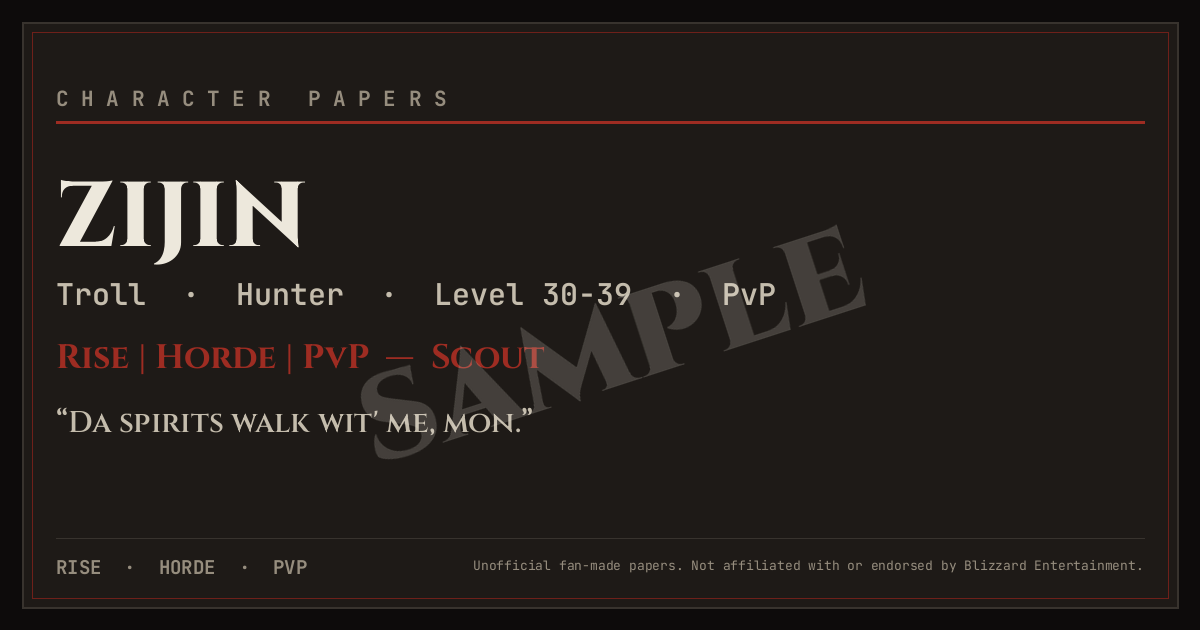 Sample character card: Zijin — Troll Hunter, level band 30–39, rank title Scout