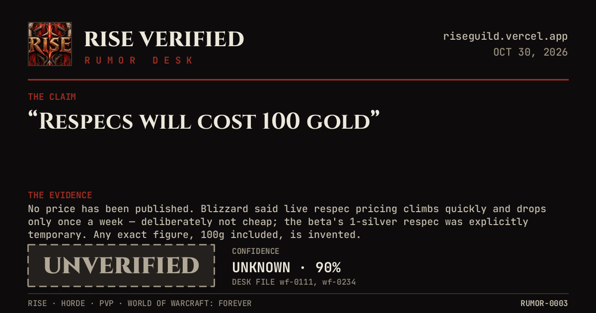 Rumor Desk verdict card — the claim &lsquo;Respecs will cost 100 gold&rsquo; judged UNVERIFIED