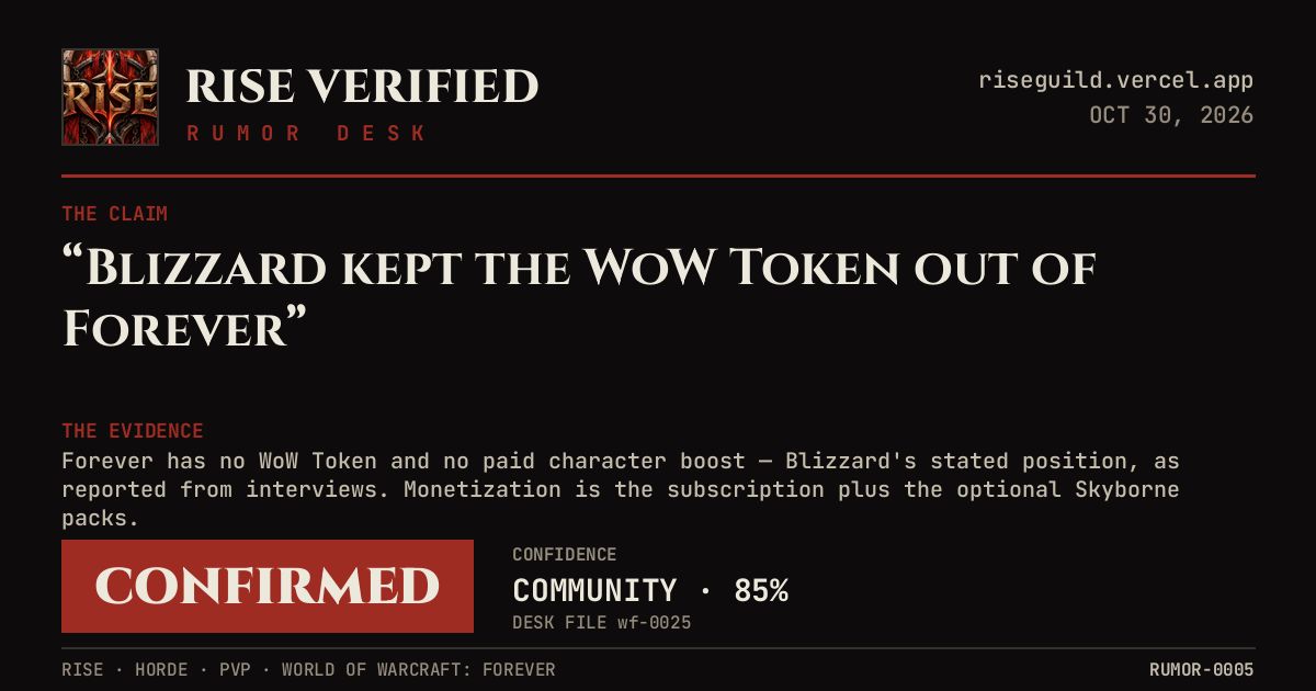 Rumor Desk verdict card — the claim &lsquo;Blizzard kept the WoW Token out of Forever&rsquo; judged CONFIRMED