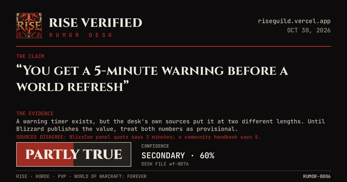 Rumor Desk verdict card — the claim &lsquo;You get a 5-minute warning before a world refresh&rsquo; judged PARTLY TRUE